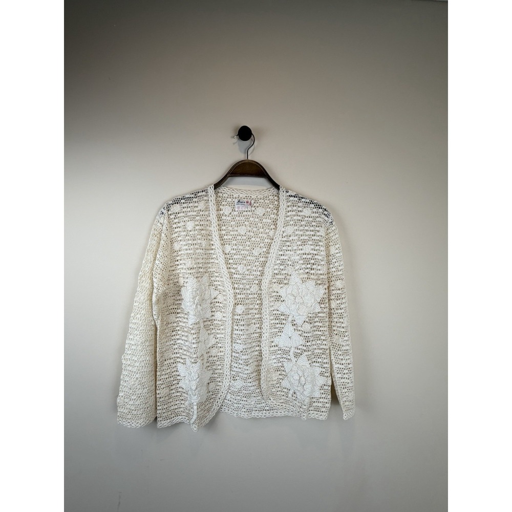 Lim's Vintage Embroidered Floral Ivory Crochet Cardigan Size L Boho Cottage